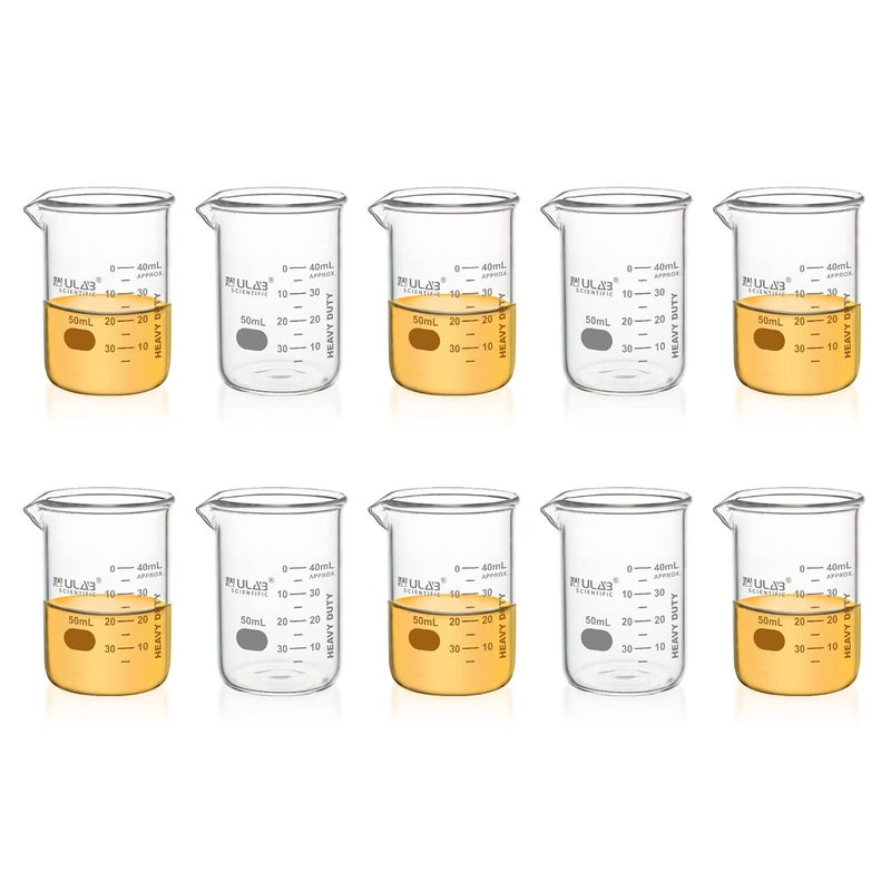 ULAB Heavy Duty Glass Beakers, 10pcs of Vol.50ml(1.7oz), Borosilicate 3.3 Glass, Thick Wall Beakers, with Double Scale, Superior Durability & Chemical Resistance, UBG1069 - Image 1